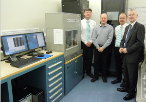 Left to right: Andrew Lowe, Hexagon Manufacturing Intelligence electrical engineer, special products group; Dr Andrew Lewis, NPL science area leader, dimensional metrology; Gary Brice, Hexagon Manufacturing Intelligence business manager; Professor Paul Shore, head of NPL Engineering Measurement Division